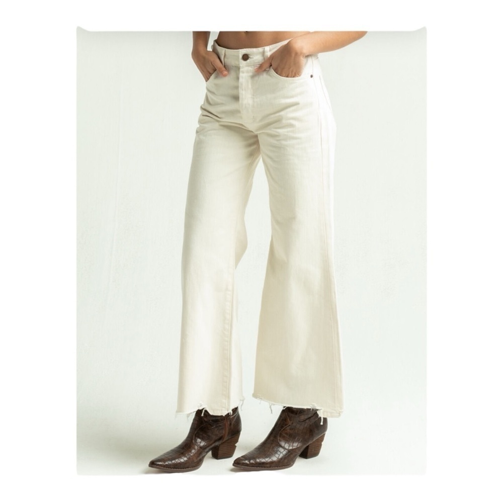 TRACTR Wide Leg Distressed Hem Denim Pants in Cream NWT